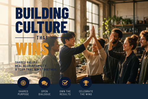 Execute Company course cover: Building Culture That Wins, a diverse team celebrating together in a sunlit modern workshop office.