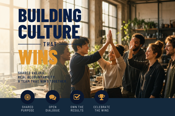 Execute Company course cover: Building Culture That Wins, a diverse team celebrating together in a sunlit modern workshop office.