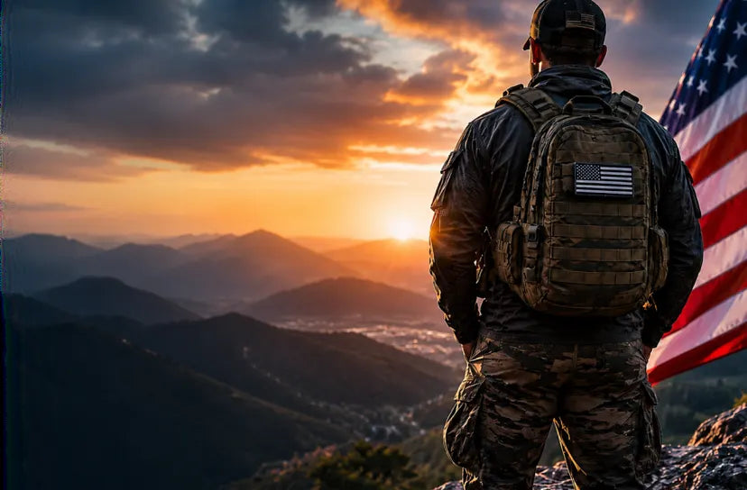 Veteran in tactical gear seen from behind, looking out over mountains at sunset beside an American flag