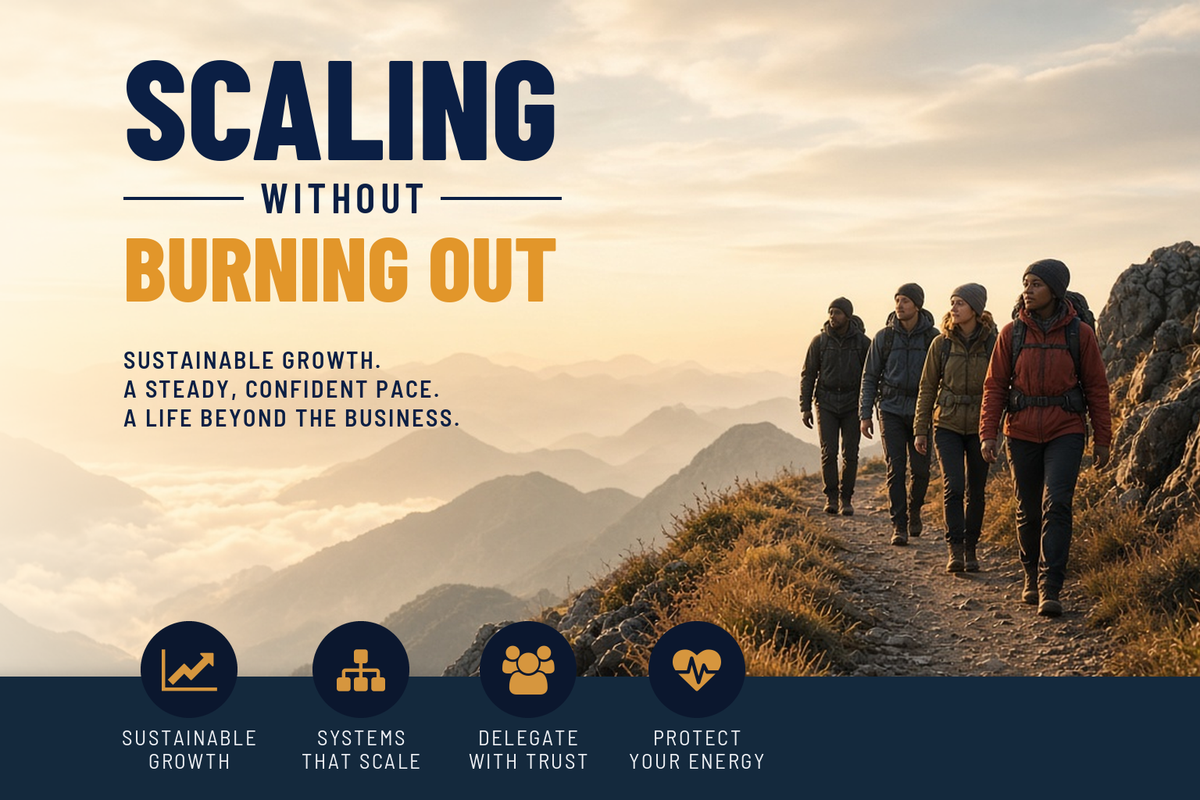 Execute Company course cover: Scaling Without Burning Out, a team hiking a mountain ridge trail together at a steady pace at sunrise.