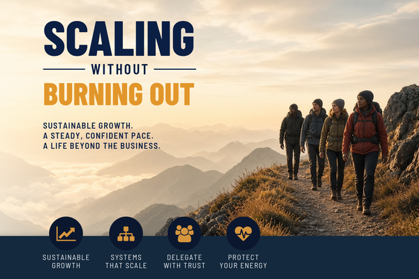 Execute Company course cover: Scaling Without Burning Out, a team hiking a mountain ridge trail together at a steady pace at sunrise.